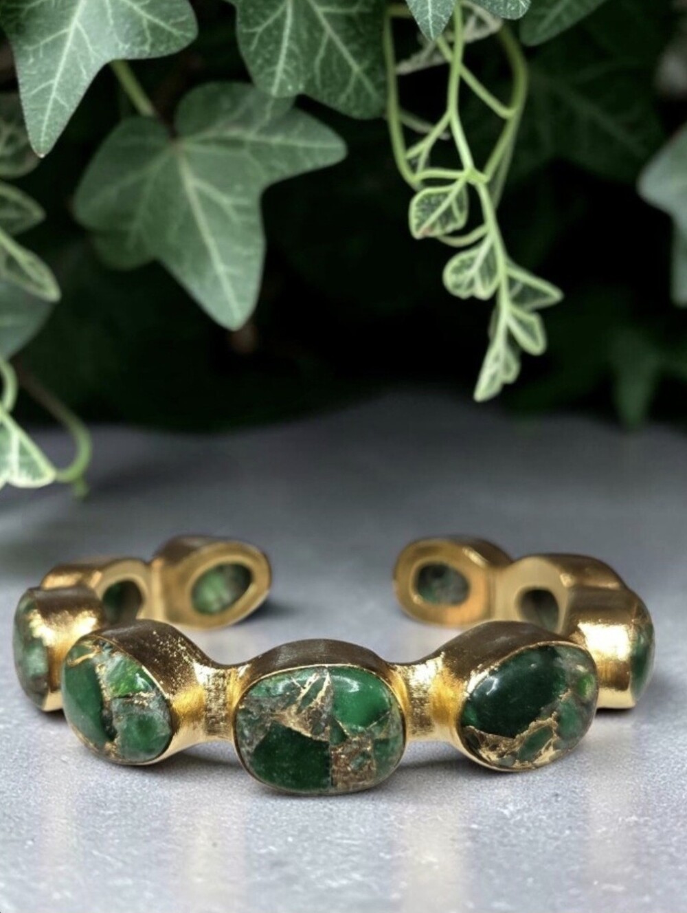 24k Gold Plated Natural Green Mohave Turquoise Chunky Artisan Cuff Bracelet